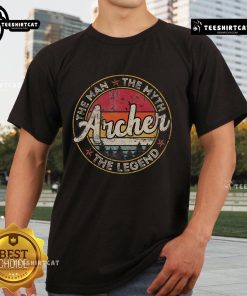 Vintage sunset T-shirt featuring 'Top Archer The Man The Myth The Legend' personalized name design for archery enthusiasts.