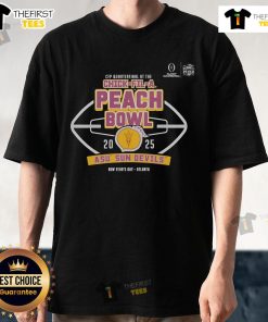 Top ASU Arizona State Sun Devils Football 2025 CFP Quarterfinal Chick-fil-A Peach Bowl T-shirt design featuring team colors.