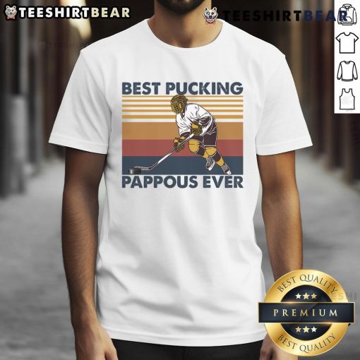 Funny hockey grandpa saying T-shirt featuring 'Top Awesome Best Pucking Pappous Ever' design for hockey fans.