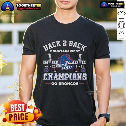 Top Back 2 Back Mountain West Boise State Champions 2024 Go Broncos T-Shirt featuring vibrant team colors and logo.
