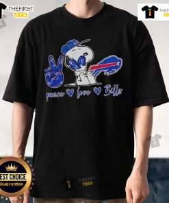 Top Buffalo Bills Peanuts Peace Love Bills T-Shirt featuring a vibrant design perfect for fans and game day wear.