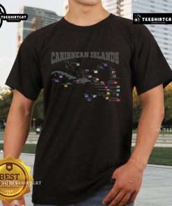 Colorful Caribbean map featuring various Caribbean flags on a T-shirt design, perfect for island lovers and travelers.