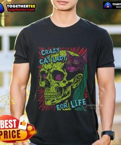 Top Crazy Cat Lady for Life in goth punk grunge style, wearing a skull t-shirt with a playful cat design.