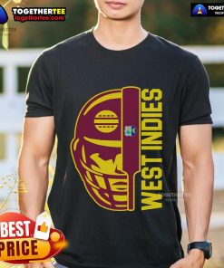 Top Cricket West Indies fan helmet, ball, and bat featured on a vibrant T-shirt, perfect for passionate cricket supporters.