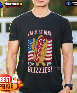 Alt Text: Top Funny I'T Just Here For The Glizzies T-Shirt featuring humorous graphic design and vibrant colors.