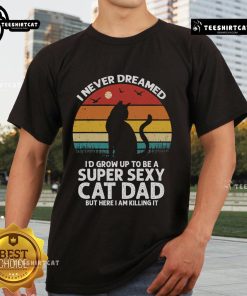 Vintage sunset T-shirt featuring 'I Never Dreamed I'd Grow Up To Be A Super Sexy Cat Dad' graphic design.