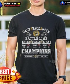 Alt Text: Missouri Tigers Back 2 Back 2 Back Battle Line Champions T-Shirt celebrating 2022-2023-2024 victories.