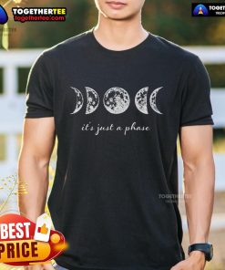 Top Moon Phases T-Shirt for moon lovers featuring artistic moon phase designs and the phrase 'It's Just A Phase'.