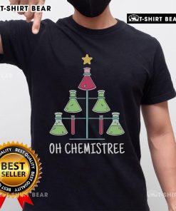 Funny Christmas science T-shirt featuring 'Top Oh Chemistree' design, perfect for holiday celebrations and science lovers.