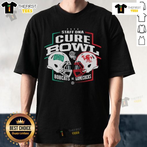 Top Ohio Bobcats vs Jacksonville State Gamecocks 2024 Staff DNA Cure Bowl T-Shirt design showcasing team logos and colors.