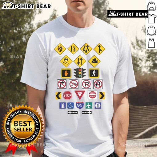 Top Road Signs T-Shirt featuring colorful traffic sign graphics for road enthusiasts and casual wear.