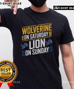 Top Wolverine On Saturday Lion On Sunday T-Shirt featuring vibrant graphics of Wolverine and a lion, perfect for casual wear.