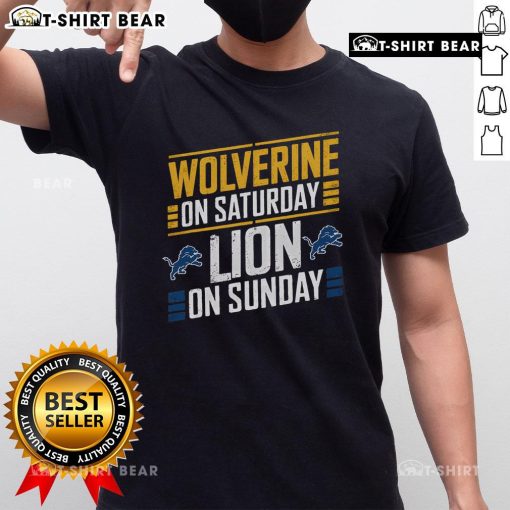 Top Wolverine On Saturday Lion On Sunday T-Shirt featuring vibrant graphics of Wolverine and a lion, perfect for casual wear.