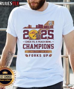 Awesome Arizona State Sun Devils Chick Fil A Peach Bowl Champions 2025 Forks Up Skyline T-Shirt design featuring team colors.