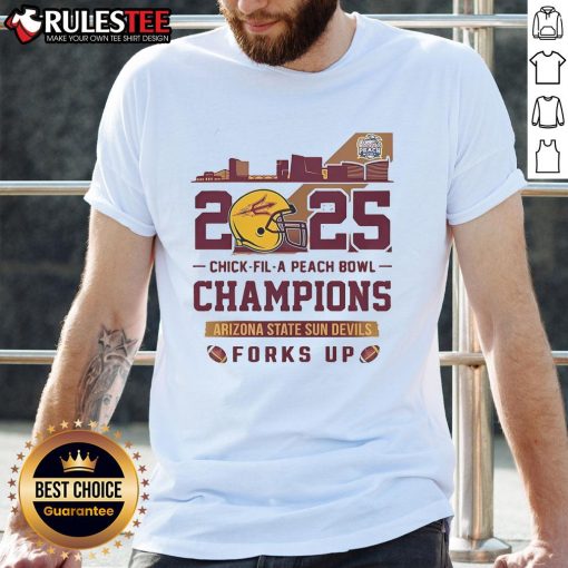 Awesome Arizona State Sun Devils Chick Fil A Peach Bowl Champions 2025 Forks Up Skyline T-Shirt design featuring team colors.