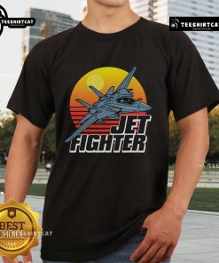 Awesome Born To Fly Fighter Jet Plane T-Shirt featuring a stunning airplane silhouette against a vibrant sunset backdrop.