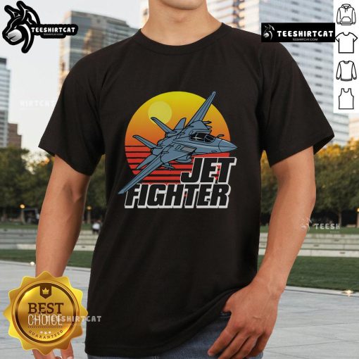 Awesome Born To Fly Fighter Jet Plane T-Shirt featuring a stunning airplane silhouette against a vibrant sunset backdrop.
