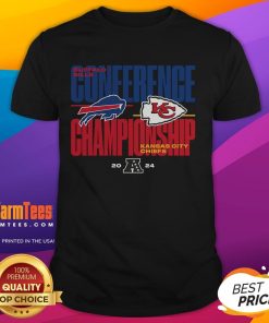 Buffalo Bills vs Kansas City Chiefs 2024 AFC Championship Game T-shirt featuring team logos and game details.