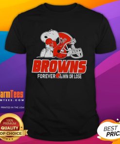 Alt Text: Cleveland Browns Snoopy Peanuts Forever Win or Lose NFL T-Shirt featuring Snoopy in team colors.