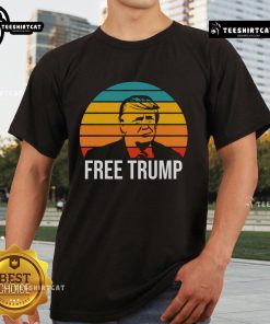 Awesome Free Donald Trump Retro Sunset T-Shirt featuring a vibrant sunset design with Trump graphics, perfect for casual wear.