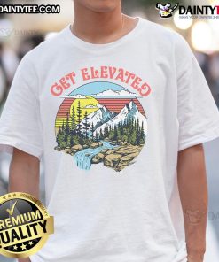 Awesome Get Elevated Mountain Stream Landscape T-Shirt featuring a retro vintage design with scenic mountain views.