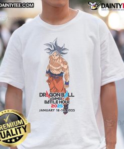 Awesome Goku Dragon Ball Games Battle Hour January 18-19 2025 T-Shirt featuring vibrant graphics of Goku in action.