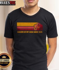 Awesome Jealous Of My Luck Since 1974 vintage retro dice 20 t-shirt featuring colorful graphics and bold typography.