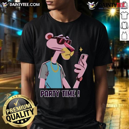 Awesome Pink Panther Party Time T-Shirt featuring vibrant graphics of the Pink Panther, perfect for fun gatherings.