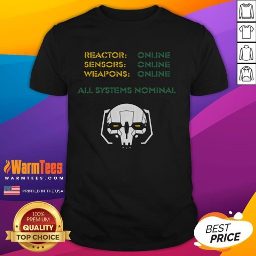 Awesome Reactor Sensors Weapons Online All System Normal Mechwarrior T-Shirt design featuring mech graphics and bold text.