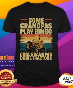 Funny vintage t-shirt design featuring grandpas playing bingo and driving tractors, ideal for cool grandpas who love humor.