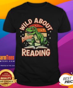 Awesome Wild About Reading T-Rex T-Shirt featuring a playful dinosaur graphic, perfect for young readers and dinosaur lovers.