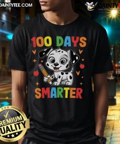 Alt Text: Cute 100 Days Smarter Dalmatian Dog T-Shirt featuring a playful Dalmatian design, perfect for dog lovers and celebrations.