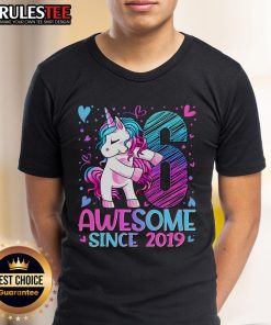 Adorable 6-year-old wearing a 'Cute Unicorn Awesome Since 2019' T-shirt, perfect for kids who love unicorns.