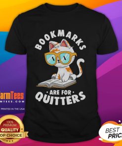 Cat Nerd T-Shirt featuring 'Cute Bookmarks Are For Quitters' slogan, perfect for book lovers and feline enthusiasts.