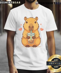 Alt Text: Cute capybara enjoying boba tea on a trendy T-shirt, perfect for bubble tea lovers and animal enthusiasts.