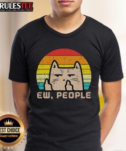 Alt Text: Cute cat graphic on a retro sunset background with the phrase Ew People for introverts on a stylish T-shirt.