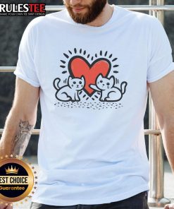 Cute Cats Doodle Heart T-Shirt featuring playful cat illustrations and a vibrant heart design, perfect for cat lovers.