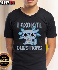 Adorable 'Cute I Axolotl Questions' t-shirt featuring an axolotl reading a book, perfect for animal lovers and book enthusiasts.