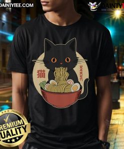 Alt Text: Cute Japanese Kawaii Cat Ramen Anime T-Shirt featuring an adorable cat design enjoying a bowl of ramen.