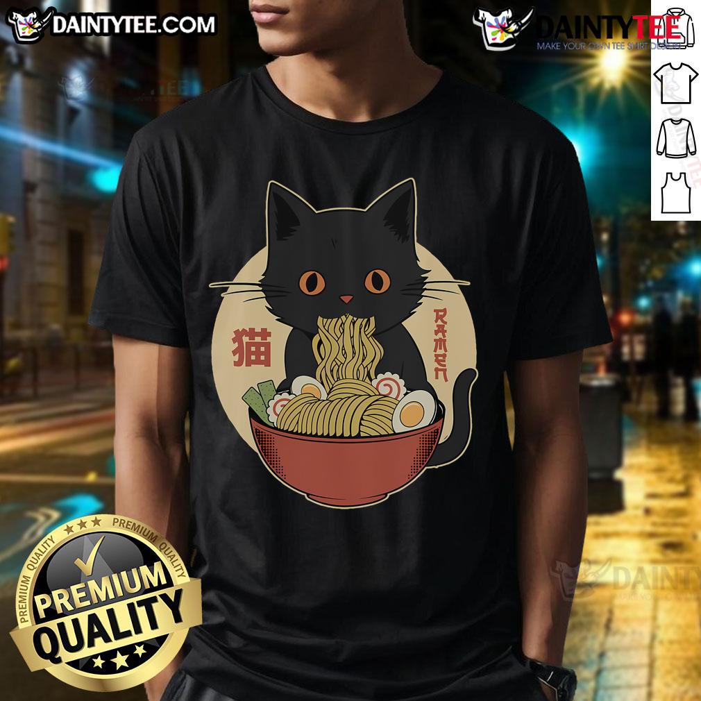 Cute Japanese Kawaii Cat Ramen Anime T Shirt Alt Text: Cute Japanese Kawaii Cat Ramen Anime T-Shirt featuring an adorable cat design enjoying a bowl of ramen.