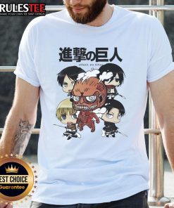Adorable Kawaii character from Attack on Titan in a chibi style on a trendy T-shirt, perfect for anime fans.