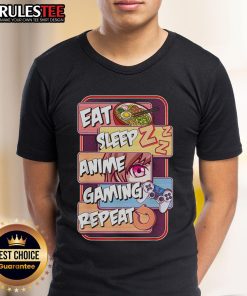 Alt Text: Cute Kawaii Otaku T-Shirt featuring 'Eat Sleep Anime Gaming Repeat' design with colorful anime and manga graphics.