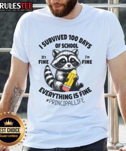 Cute raccoon wearing 'I Survived 100 Days Of School It's Fine' t-shirt, perfect for students celebrating school milestones.