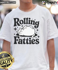 Alt Text: Cute Rolling Fatties Cat T-Shirt featuring a playful kitten design, perfect for cat lovers and humor enthusiasts.