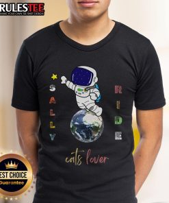 Alt Text: Cute Sally Ride Cats Lover Astronaut T-Shirt featuring a playful cat in space with stars and a rocket design.