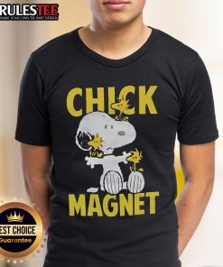 Alt Text: Cute Snoopy and Woodstock chick magnet t-shirt featuring vibrant graphics of the beloved characters in a playful design.