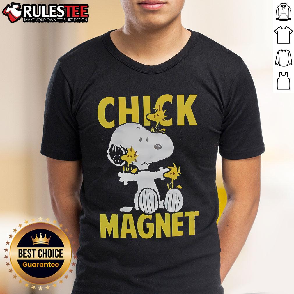 Cute Snoopy And Woodstock Chick Magnet T Shirt Alt Text: Cute Snoopy and Woodstock chick magnet t-shirt featuring vibrant graphics of the beloved characters in a playful design.