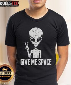 Funny Alien V Sign Give Me Space T-Shirt featuring a quirky alien graphic with a peace sign and vibrant colors.
