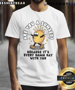 Alt Text: Funny Are You A Sunset? Because It's Every Damn Day With You T-shirt featuring a vibrant sunset graphic.