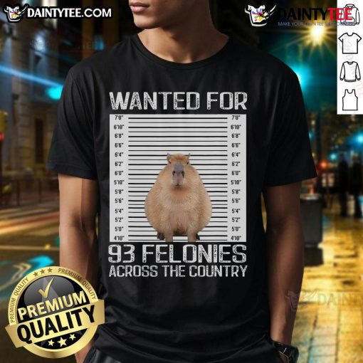 Funny capybara mugshot t-shirt design, wanted for 93 felonies, perfect for animal lovers and humor enthusiasts.